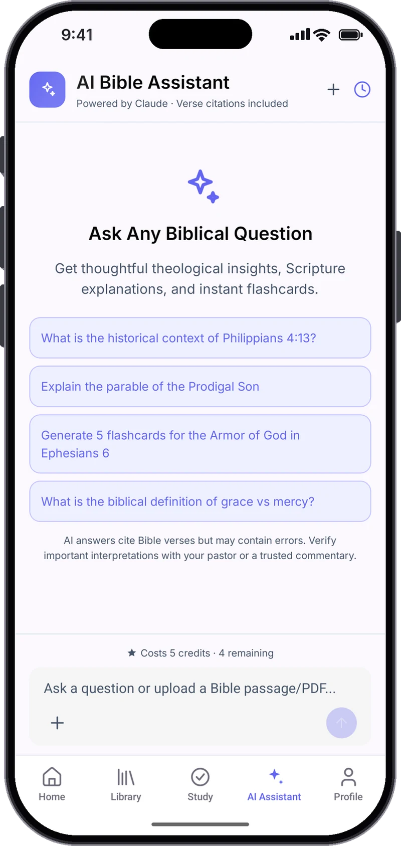 Verdance AI assistant with suggested Bible questions